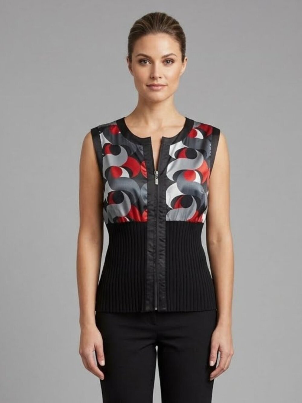 NWT Belldini Red And Black Retro Stretchy Waist Zip Up Sleeveless Top